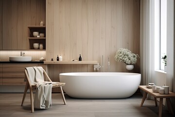 Fototapeta na wymiar Modern bathroom interior design illustration, Scandinavian design, by Generative AI