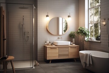 Modern bathroom interior design illustration, Scandinavian design, by Generative AI