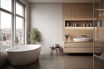 Modern bathroom interior design illustration, Scandinavian design, by Generative AI
