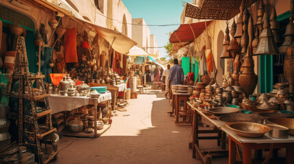 Colorful shopping street in the style of Djerba featuring pottery, fabrics and Arab lamps in a classic Tunisian market atmosphere - Houmt Souk and Midoun. Generative AI.