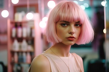 Portrait of woman with pink colored hair in beauty salon. Professional hair coloring.