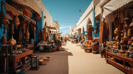 Colorful shopping street in the style of Djerba featuring pottery, fabrics and Arab lamps in a classic Tunisian market atmosphere - Houmt Souk and Midoun. Generative AI.