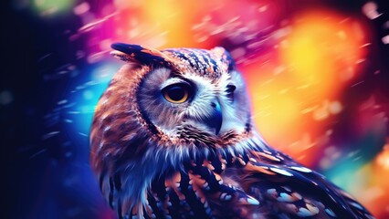 Great horned owl bird in foreground with colorful bokeh light blurred background, artistic up close avian portrait - generative AI