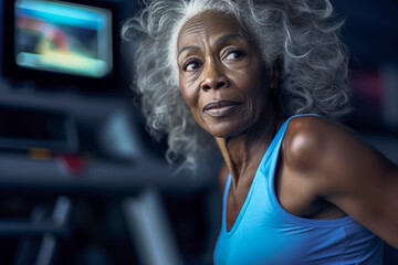 Generative AI illustration of old black healthy muscular woman training in gym on treadmill