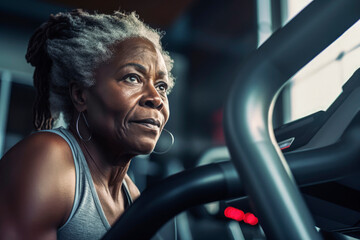 Generative AI illustration of old black healthy muscular woman training in gym on treadmill