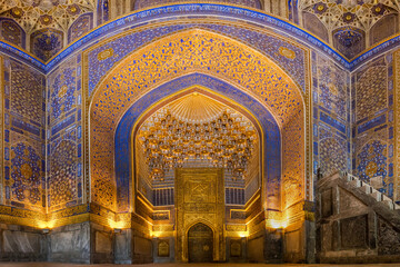 Fototapeta na wymiar Interior blue and gold curves and ornaments