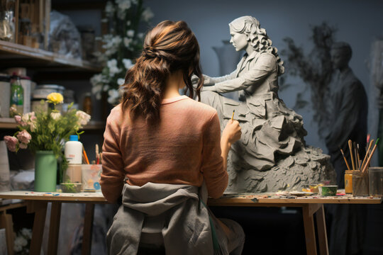 A female artist sculpting a masterpiece in a studio. Generative AI