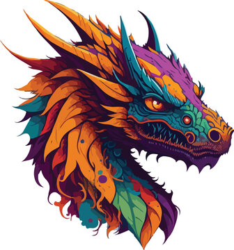 Colorful dragon face vibrant bold vivid colors t-shirt design vector illustrations. Prismatic dragon persona