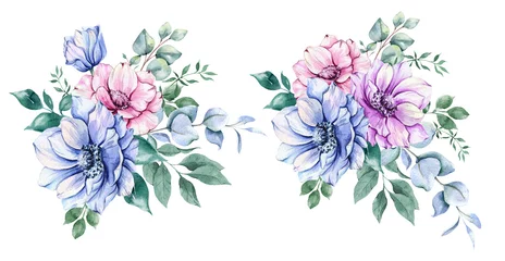 Meubelstickers Anemone Flowers Watercolor Illustration. Blue, Pink and Purple Anemones Hand Painted isolated on white background.  Perfect for wedding invitations, bridal shower and  floral greeting cards © Xenia