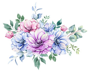 Anemone Flowers Watercolor Illustration. Blue, Pink and Purple Anemones Hand Painted isolated on white background.  Perfect for wedding invitations, bridal shower and  floral greeting cards