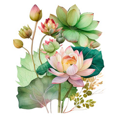 Bouquet of lotuses, Floral arrangement, Watercolor botanical illustration isolated on white background, Generative AI 