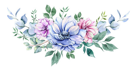 Anemone Flowers Watercolor Illustration. Blue, Pink and Purple Anemones Hand Painted isolated on white background.  Perfect for wedding invitations, bridal shower and  floral greeting cards