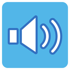 speaker flat icon in blue square.