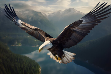 Bird's Eye View: A soaring bald eagle in flight over a mountain range. Generative ai.