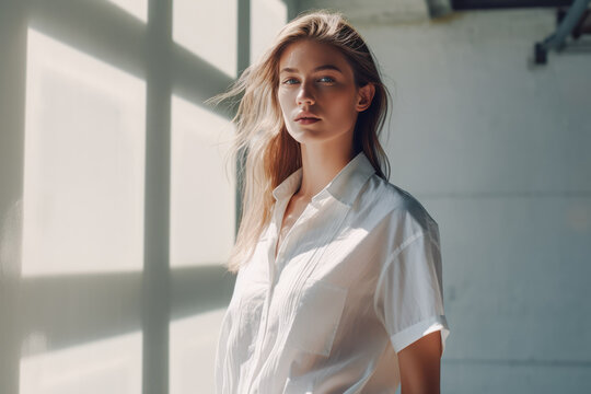 Portrait of blonde woman with white shirt in an isolated room. Generative AI.