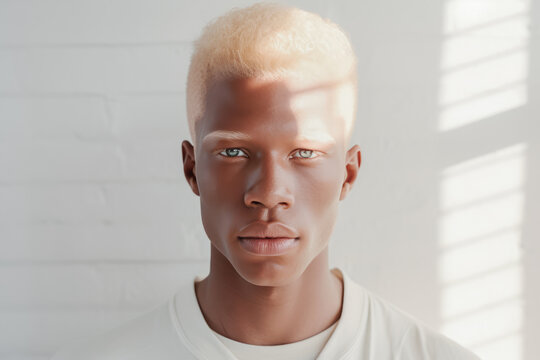 Young African american man with blonde hair in a white room. Generative AI.