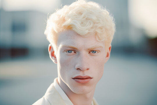 Young male albino with blonde hair outdoors. Generative AI.