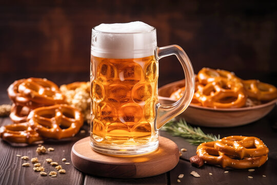 A Mug Of Beer And A Pretzel On A Wooden Table. Oktoberfest Concept. Generative AI. 