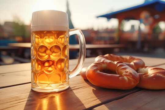 A mug of beer and a pretzel on a wooden table. Oktoberfest concept. Generative AI. 