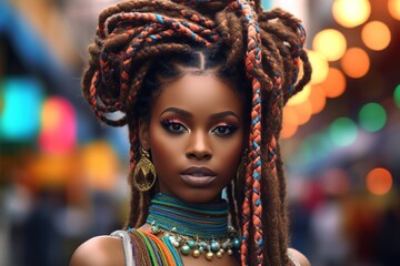 Awesome african woman with dreadlocks in the city. - obrazy, fototapety, plakaty