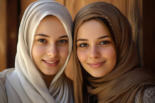 Generative AI image of smiling young women in traditional hijab and looking at camera while standing against blurred background