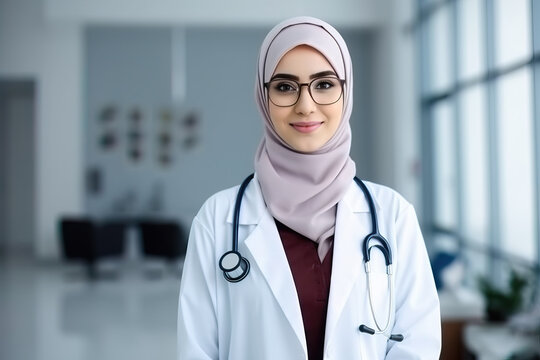 Generative AI image of positive young Muslim female doctor in hijab and uniform with stethoscope looking at camera