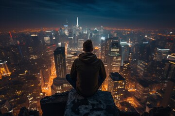 young boy sitting down on the rooftop of a skyscrapper looking down to the city at night