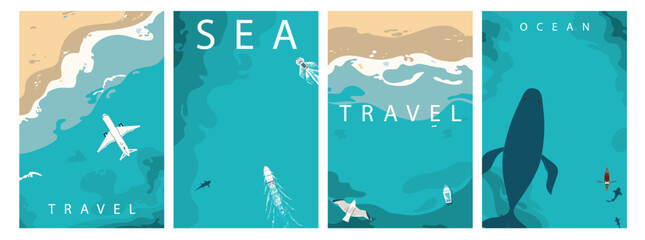 Sea waves, coastline top aerial view vector illustration set. Beach