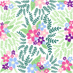 Fantasy seamless floral pattern with blue, pink, purple, red, orange flowers and leaves. Elegant template for fashion