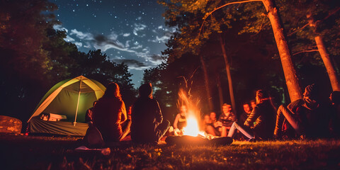 Close up cozy camping scene with a flickering campfire surrounded by friends, roasting marshmallows, and sharing stories under a starry night sky - obrazy, fototapety, plakaty