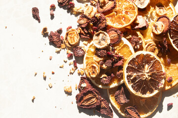 dried fruits on the white marble with sunlight
