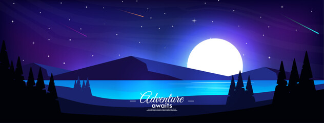 Night horizontal landscape. Vector illustration. River with forest and mountains. Moonlight. 