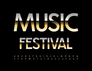 Vector Golden poster Music Festival. Creative Shiny Font. Elegant Alphabet Letters and Numbers