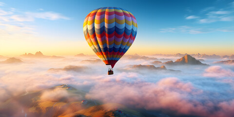 A hot air balloon floating gracefully above a serene, peaceful countryside, painted in the colors of a vibrant sunrise.