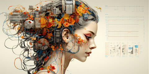 Futuristic concept of virtual reality and mind control. Neuro interface, contact of biological and mechanical