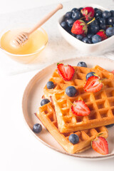 Belgian waffles for breakfast. Dessert food concept. 