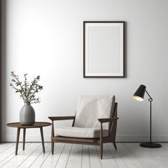 Mockup, picture frame on a white wall in the interior. AI generative.