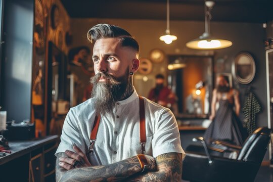 Portrait of virile harsh barber having his arms crossed in barbershop.