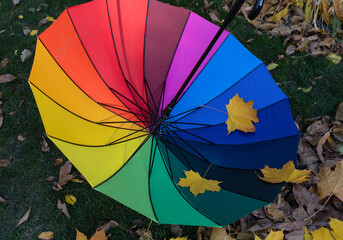 multi-colored umbrella of rainbow colors upside down lies on the grass strewn with autumn leaves. autumn atmosphere. symbol of the rainy season, bad wet windy weather