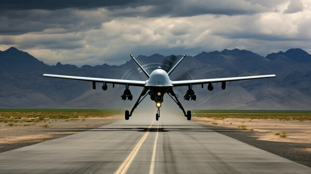 War drone on runway in take off.