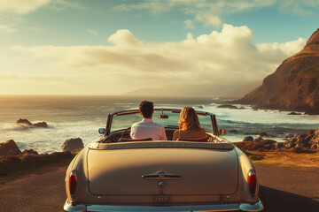 couple in front of the sea sitting in a convertible - obrazy, fototapety, plakaty