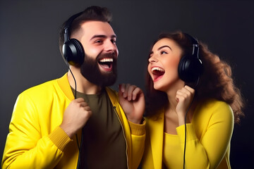 Happy man and woman listen to music in headphones and sing along joyfully, loudly and emotionally