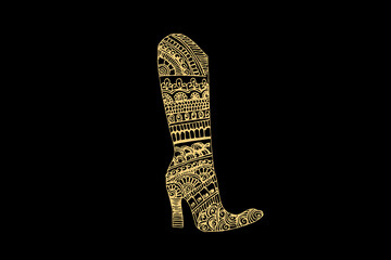 Zentangle art for Woman Boot with gold color isolated on dark black background - vector illustration