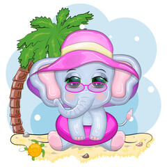 Cute cartoon elephant, children's character in a swimming circle and panama hat, summer, vacation, beach