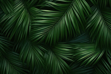Background, dark green palm leaves. AI generative