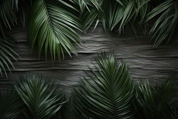 Background, palm leaves on the background of a stone wall. AI generative.