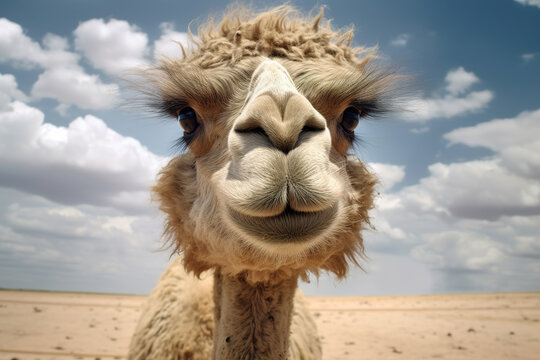 Camel in desert, funny portrait. Generative ai image