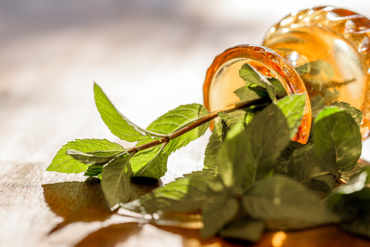 Green fresh mint leaves on wood sill in sunlight. Fresh herbs for health and food.