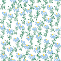 Seamless pattern Creative floral print with chamomile flowers, leaves in hand drawn style on a blue-turquoise background