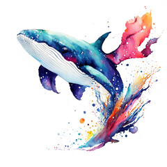 Watercolor illustration of a whale with colorful watercolor splash. Isolated on white background. AI generated